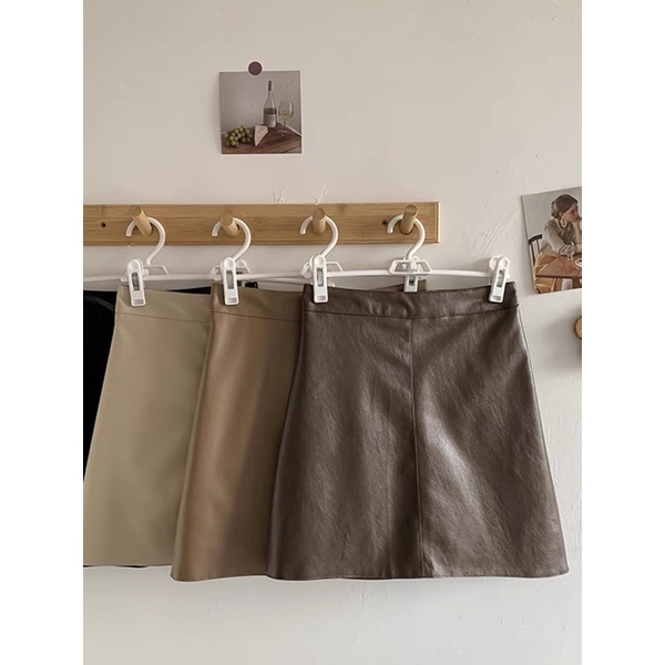 ( sẵn màu be) Chân váy da chữ A basic màu đen, nâu be style ullzang Hàn Quốc