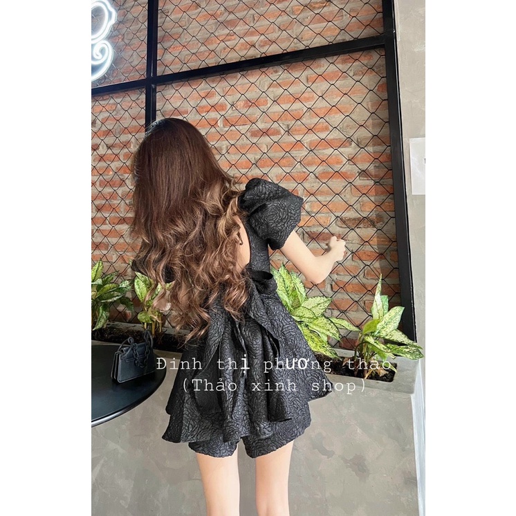 [8.8 Sales Freeship] Set bộ đùi gấm babydoll cổ vuông tay phồng cột nơ sau, set đùi phồng gấm xòe bánh bèo dễ thương