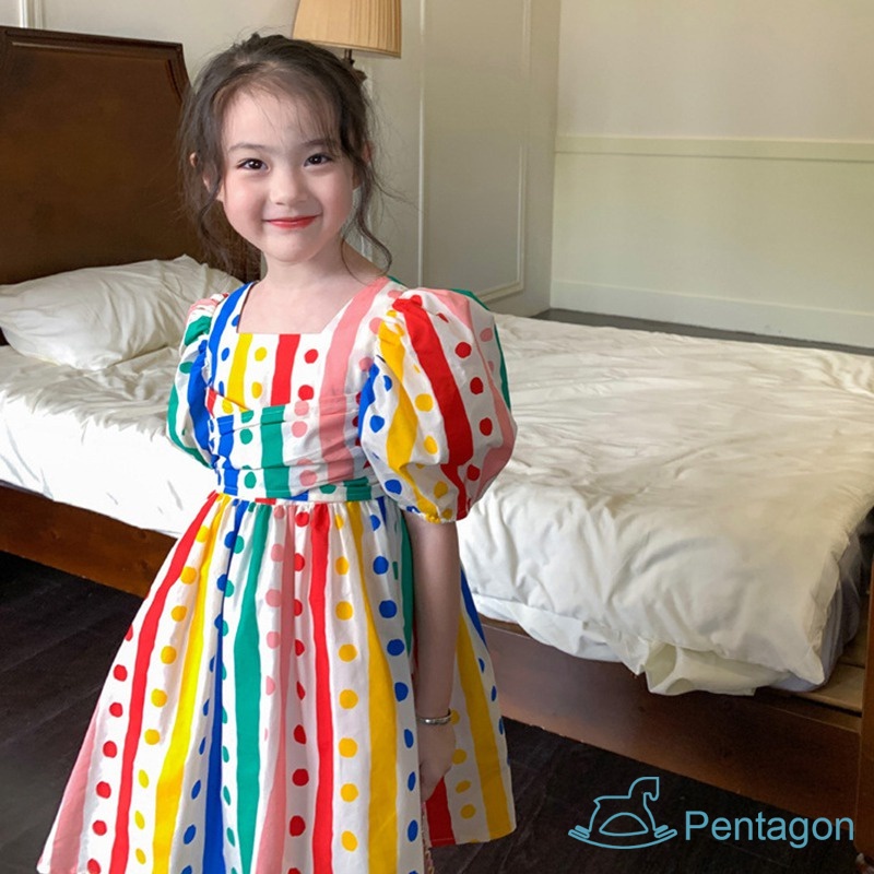 Đầm Công Chúa Tay Phồng Họa Tiết Chấm Bi Màu Cầu Vồng Phong Cách Hàn Quốc Thời Trang Mùa Hè Cho Bé Gái