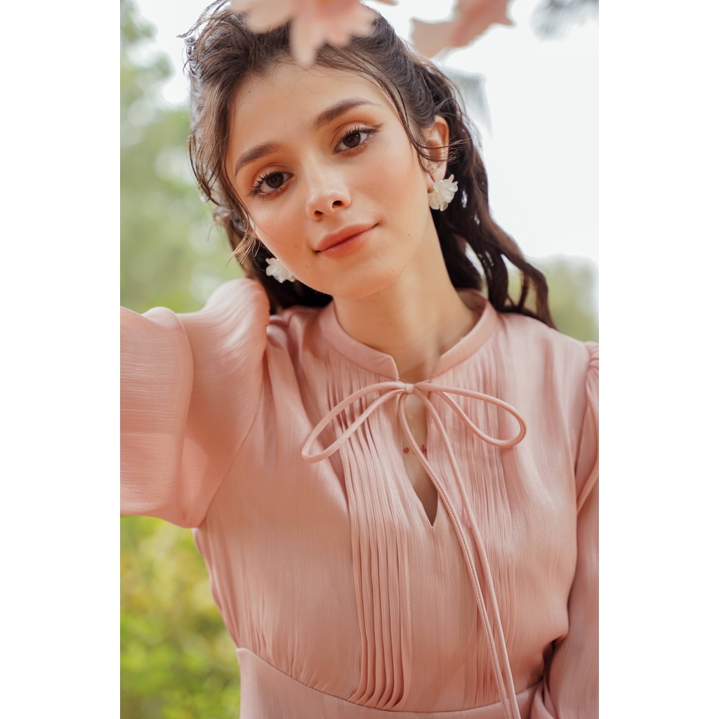 Váy liền nữ Méo shop cổ nơ bo eo dáng xoè đầm dài tay Libern