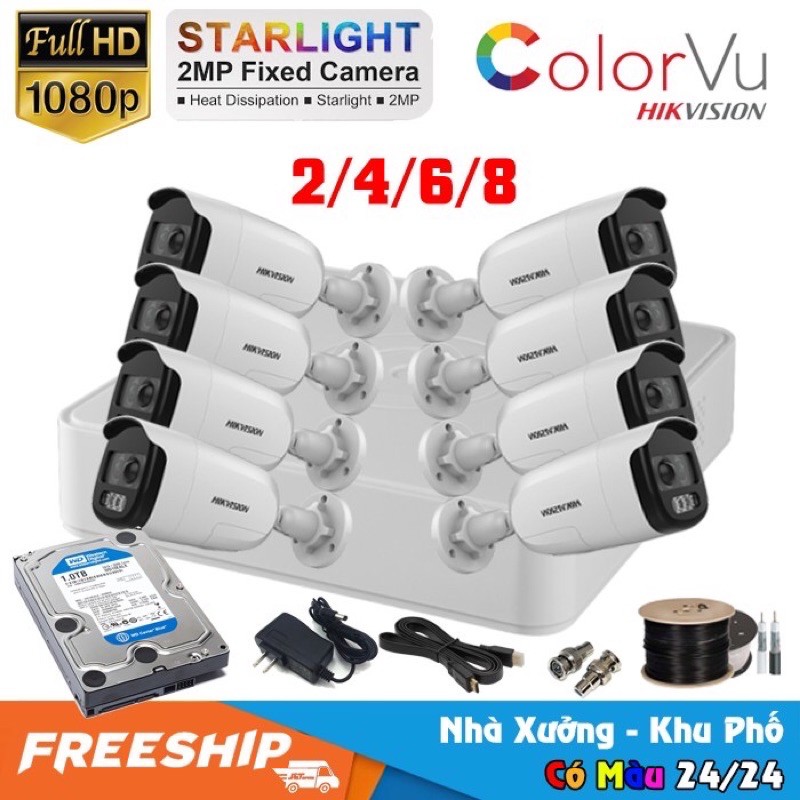 Bộ 04 Camera Hikvision 2MP FullHD, đêm có màu + Đầu 4 kênh Hikvision DS-7204HQHI-K1(vỏ sắt),Tubo 4MP