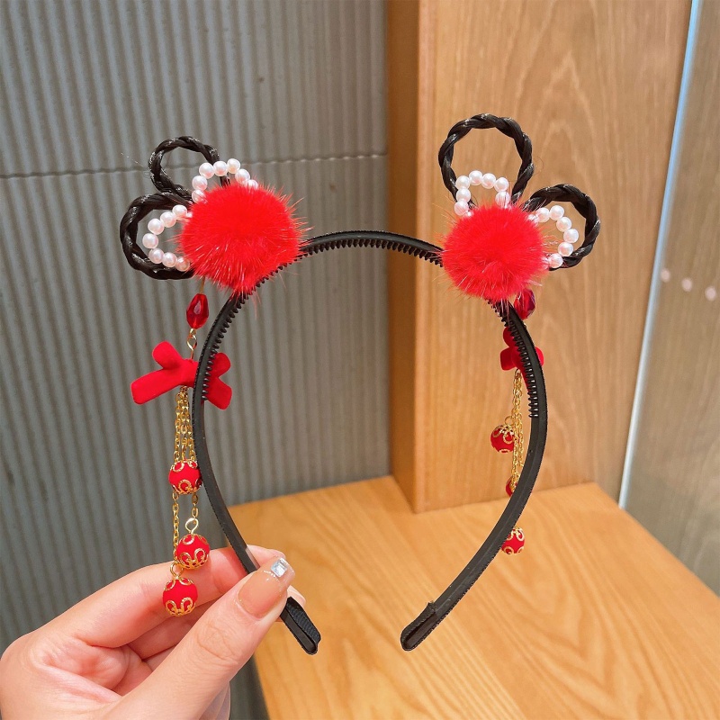 Băng Đô Cài Tóc Đính Bông Tua Rua Phong Cách Trung Hoa Cổ Điển Mừng Năm Mới Cho Bé