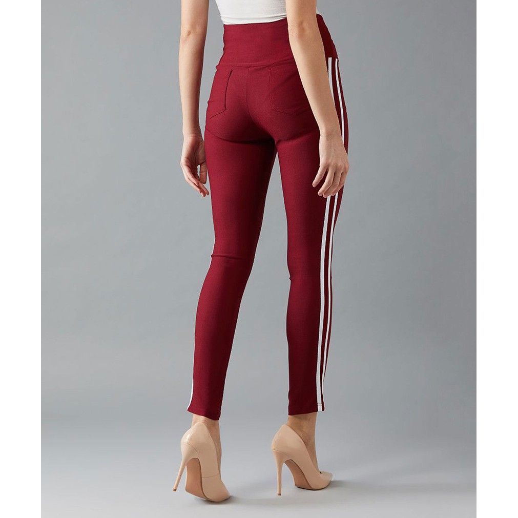 Quần Legging Nữ Bosimaz MS235 dài túi sau màu đỏ đô sọc trắng cao cấp, thun co giãn 4 chiều, vải đẹp dày, thoáng mát.