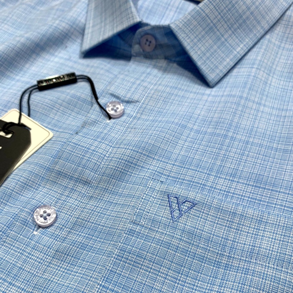 Áo sơ mi nam Velutino dài tay cổ bẻ có túi kẻ xanh công sở cao cấp sang trọng