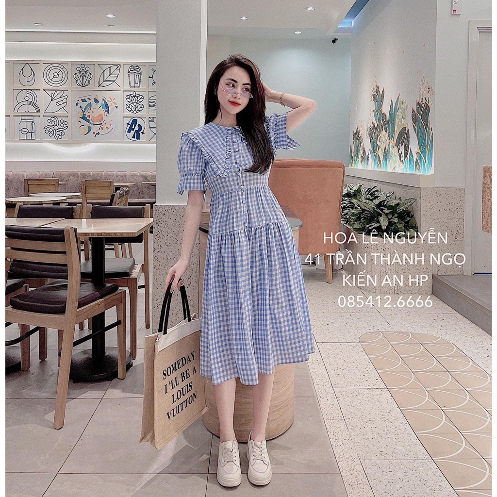 Đầm Nữ Caro Xanh Cộc Tay Dáng Dài 🦋 Váy Nữ Khuy Cài Dáng Xòe 🦋 | BigBuy360 - bigbuy360.vn