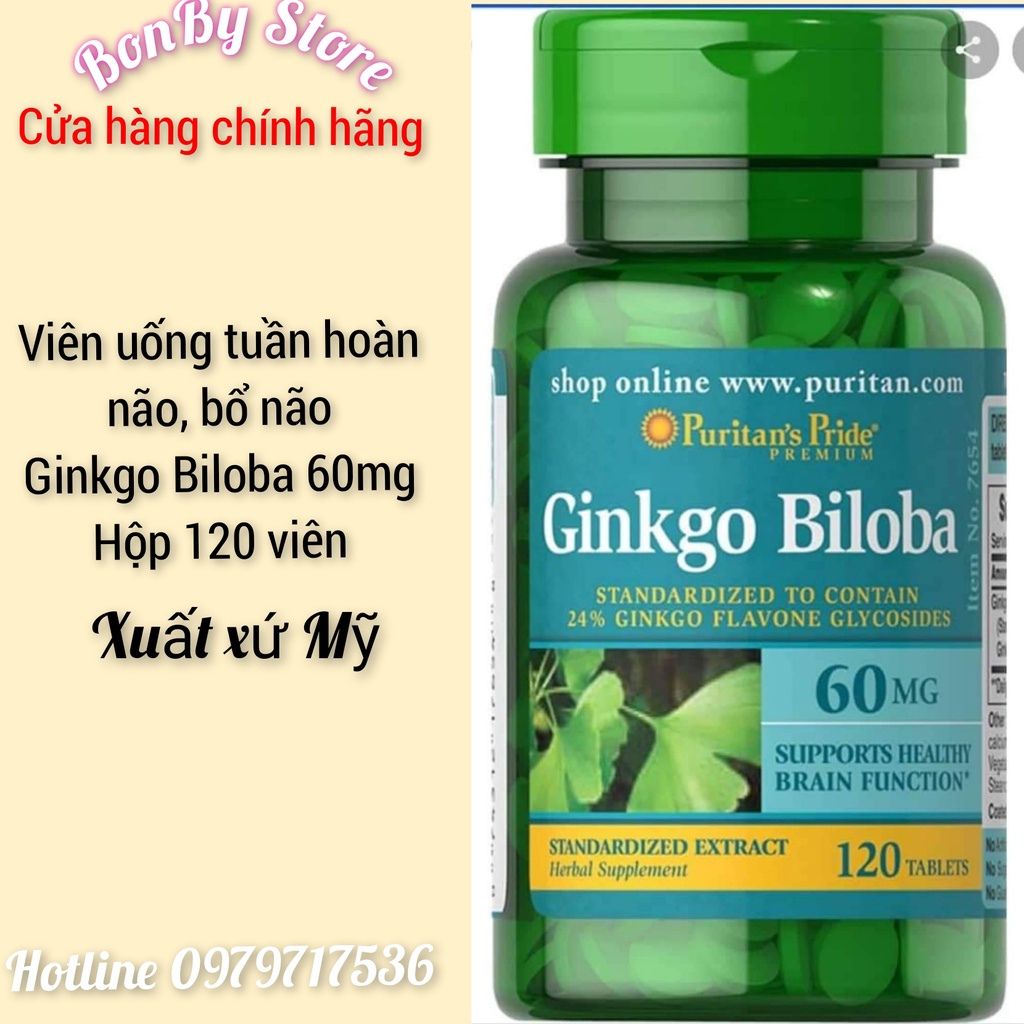 (Bill Hãng) Viên uống tuần hoàn , bổ não GINKGO BILOBA 60mg, 120 viên P u r i t a n P r i d e.