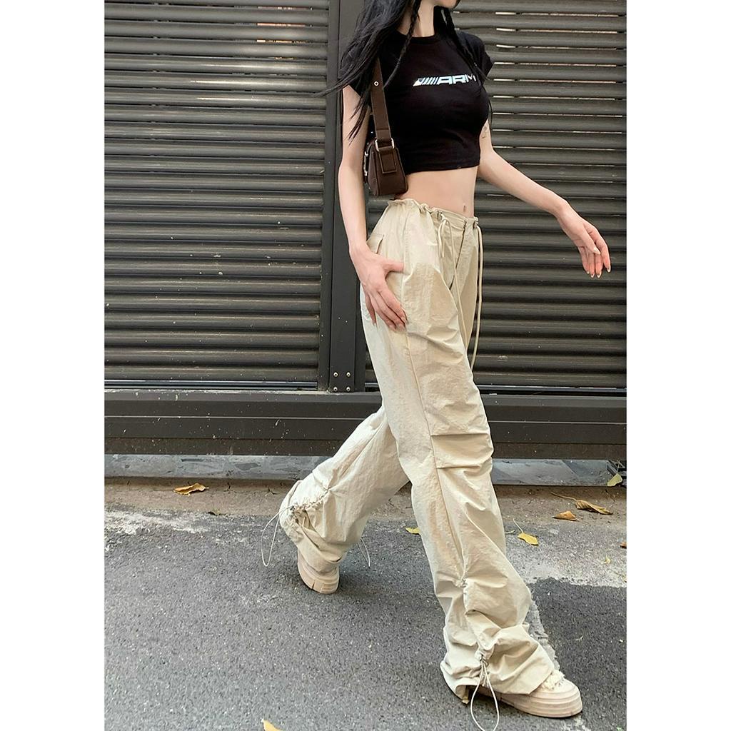 qkoole Quần ống rộng Lưng Cao Dây Rút Phong Cách Mỹ Thời Trang Mùa Hè Cho Nữ