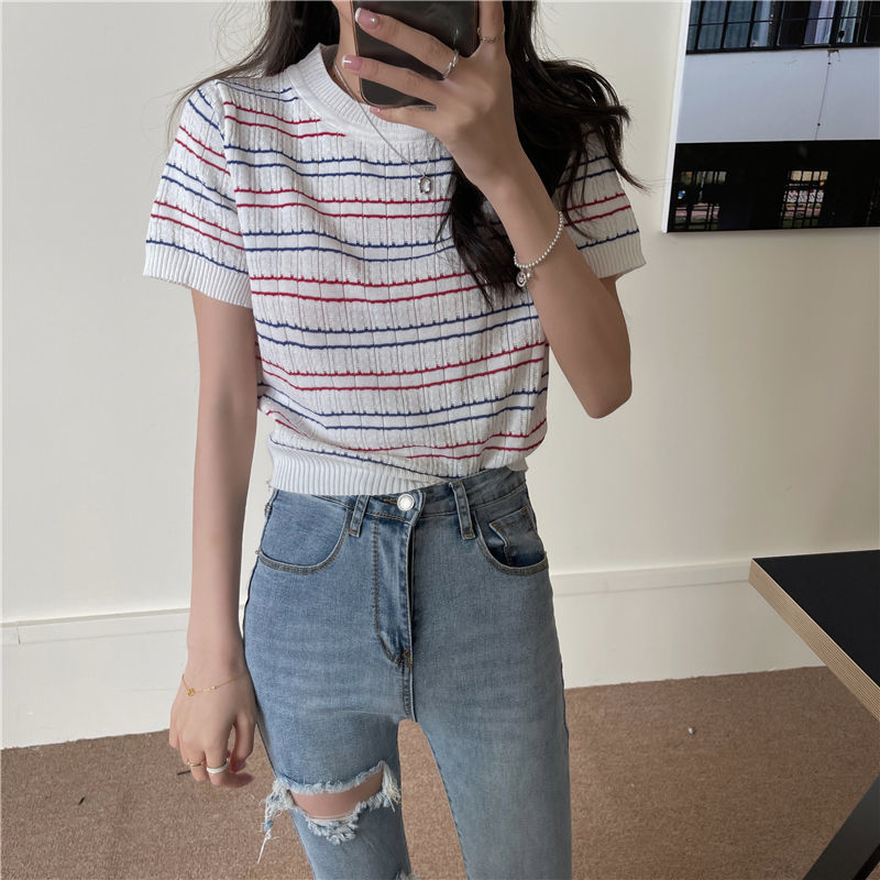 Áo Len Nữ Tay Ngắn Kẻ Sọc Ngang Thời Trang Trẻ Trung