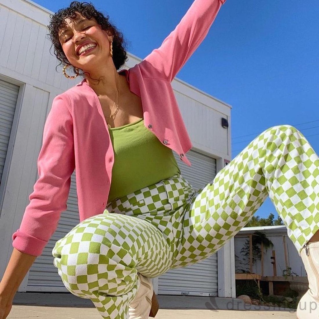 Quần Dài Ống Đứng Lưng Cao In Họa Tiết Caro Thời Trang Cho Nữ