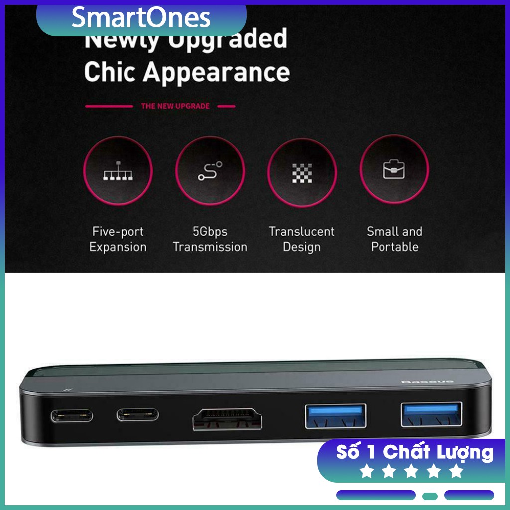 Bộ USB C Hub Baseus 5 in 1 mở rộng cổng kết nối USB 3.0, HDMI, Thunderbolt 3,cho Macbook, Laptop ,Máy tính bảng..