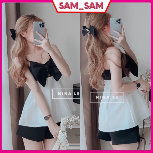 Set áo 2 dây nơ phối màu kèm quần cực short trắng đen xinh xắn dễ thương cho nàng đi chơi,dự tiệc sam_sam_shop_1011.