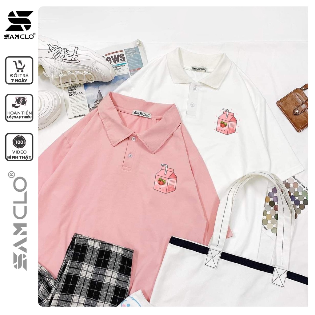 Áo thun Polo tay lỡ form rộng nữ SAM CLO phông freesize unisex mặc đi học, nhóm, lớp in hình HỘP SỮA TRÁI DÂU