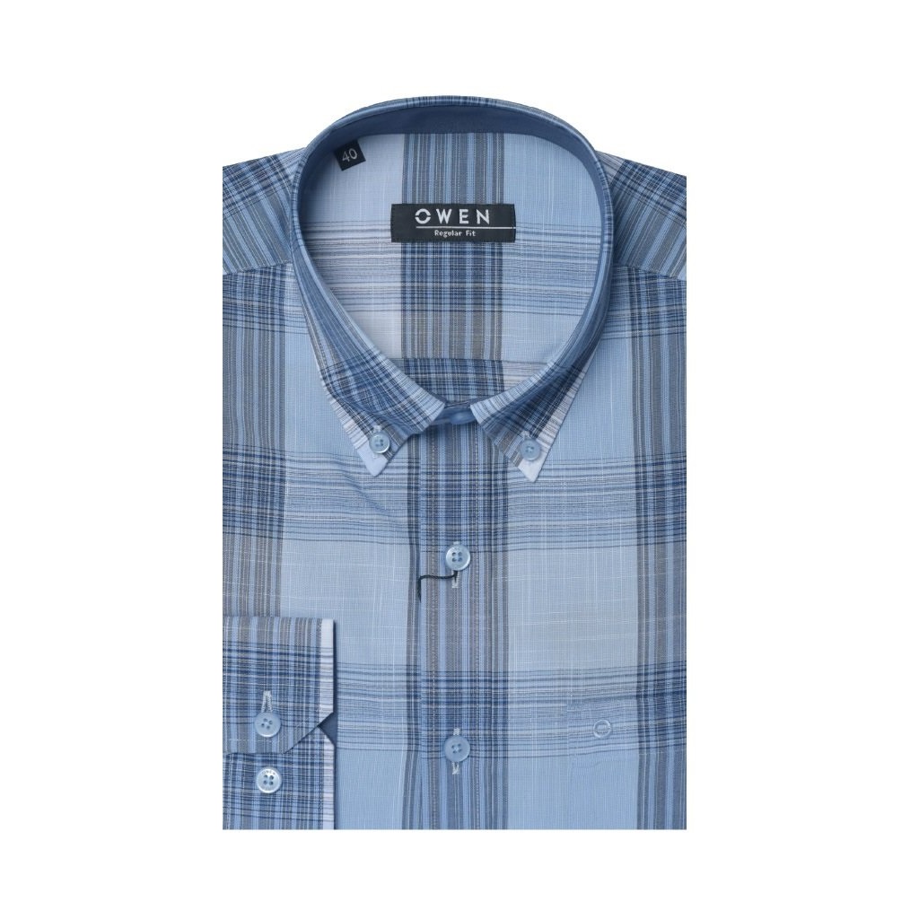 Áo Sơ Mi Nam Dài Tay OWEN AR220142DT Somi Công Sở  Vải Sợi Tre Cao Cấp Màu Kẻ Caro Trắng Xanh Dáng Suông Tà Lượn Có Túi