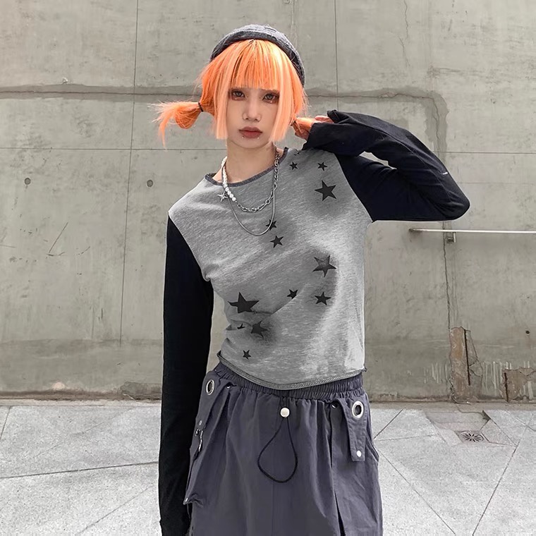 Áo Thun Crop Top Tay Dài Cổ Tròn In Hình Ngôi Sao Màu Xám Phong Cách Harajuku ODokey-Y2K Thời Trang Xuân Thu Cho Nữ