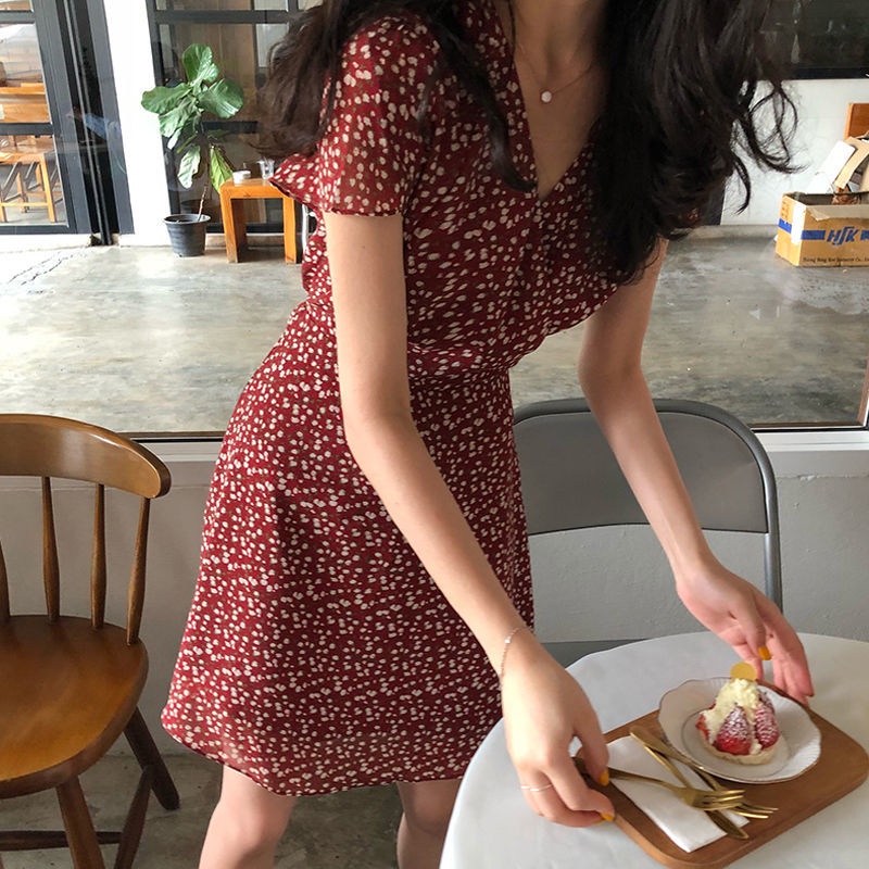 Đầm Chữ A Cổ Chữ V In Họa Tiết Hoa Phong Cách Hàn Quốc Thời Trang