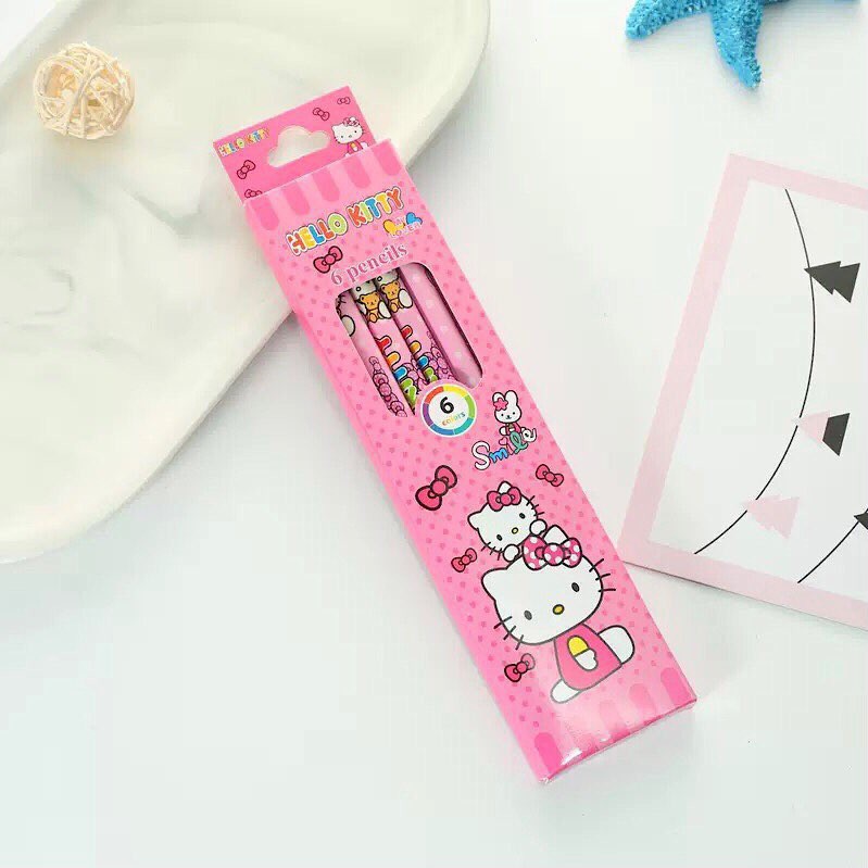 Hộp 6 bút chì gỗ, viết chì 2B hình nhân vật hoạt hình Elsa, công chúa  siêu nhân, Hello kitty sắc nét mã FA2045