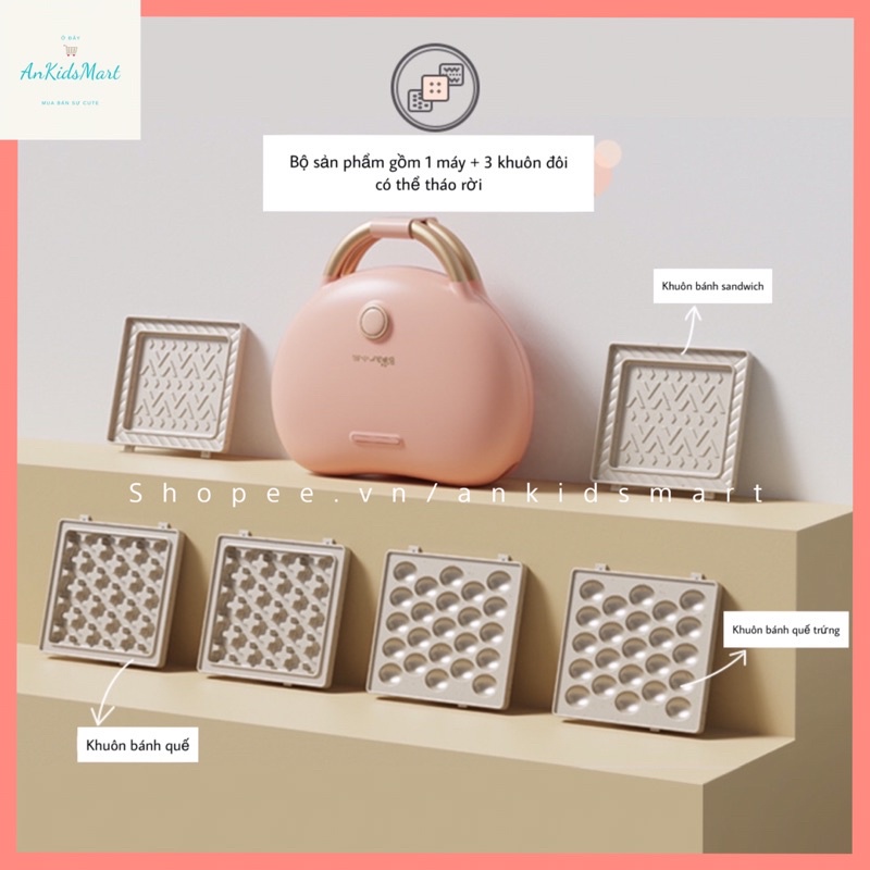 Máy kẹp sandwich Bear SMZ-C06V1 màu hồng  đa chức năng khay đôi có thể tháo rời