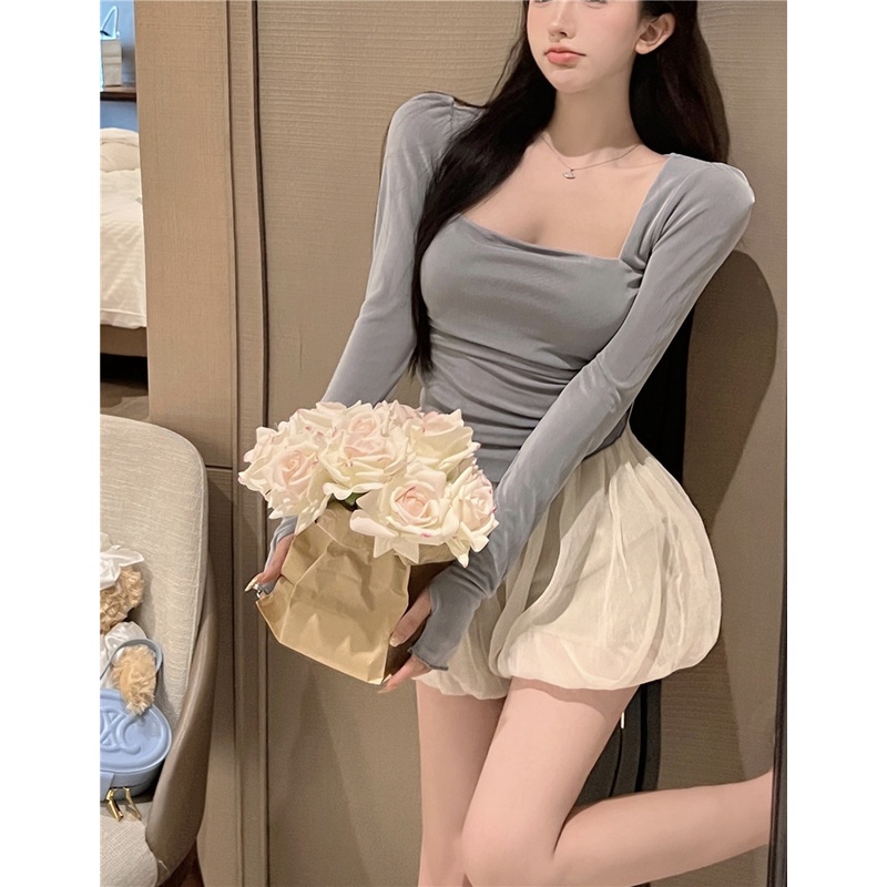 Set Áo Thun Tay Dài Chống Nắng + Quần Short Lưng Thun Ống Rộng Thời Trang Hàn Quốc Cho Nữ