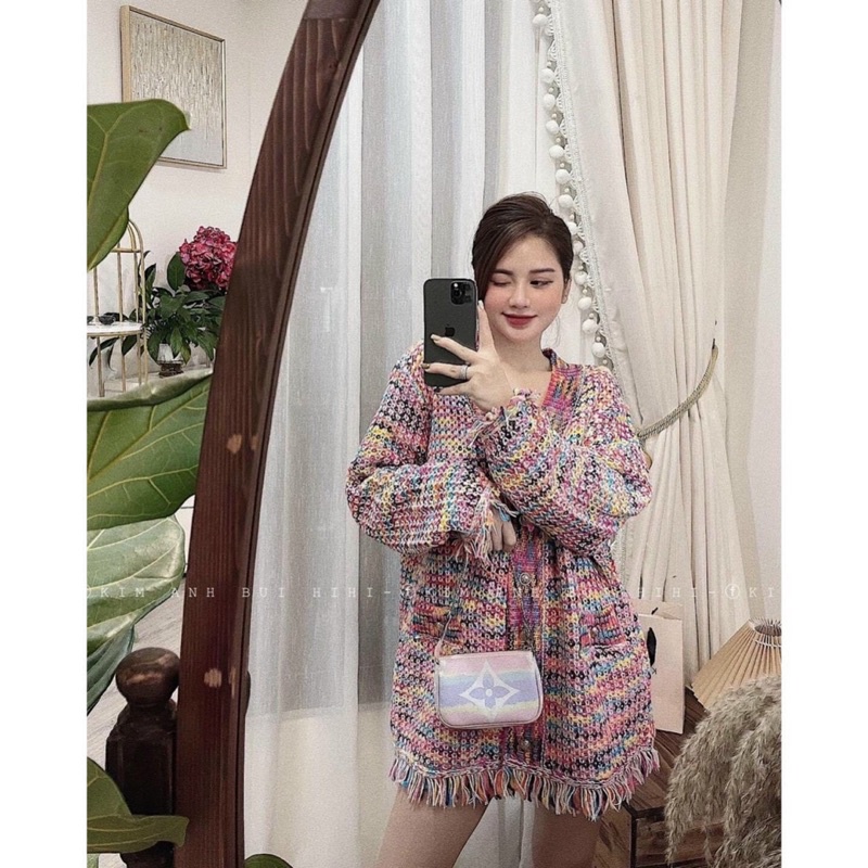Áo cadigan len loang màu cầu vòng