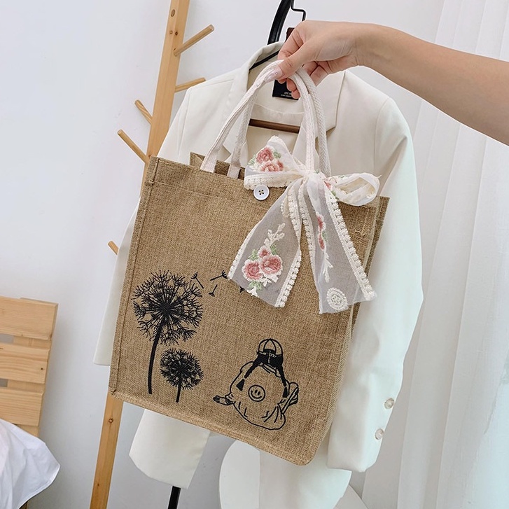 Túi cói ren cột nơ điệu đà đi chơi, túi xách đi biển