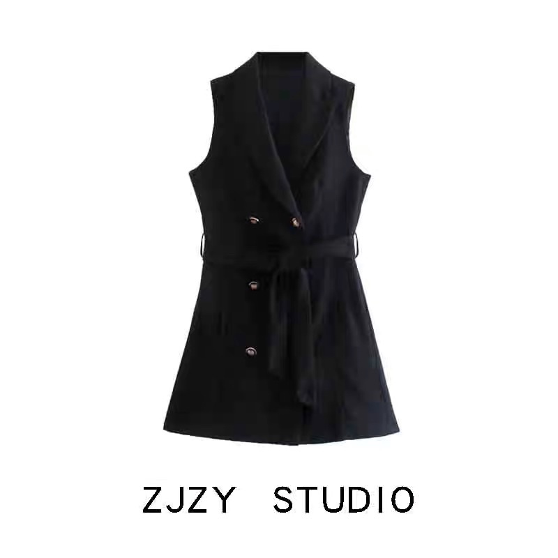 Đầm sơ mi cổ vest sát nách đen