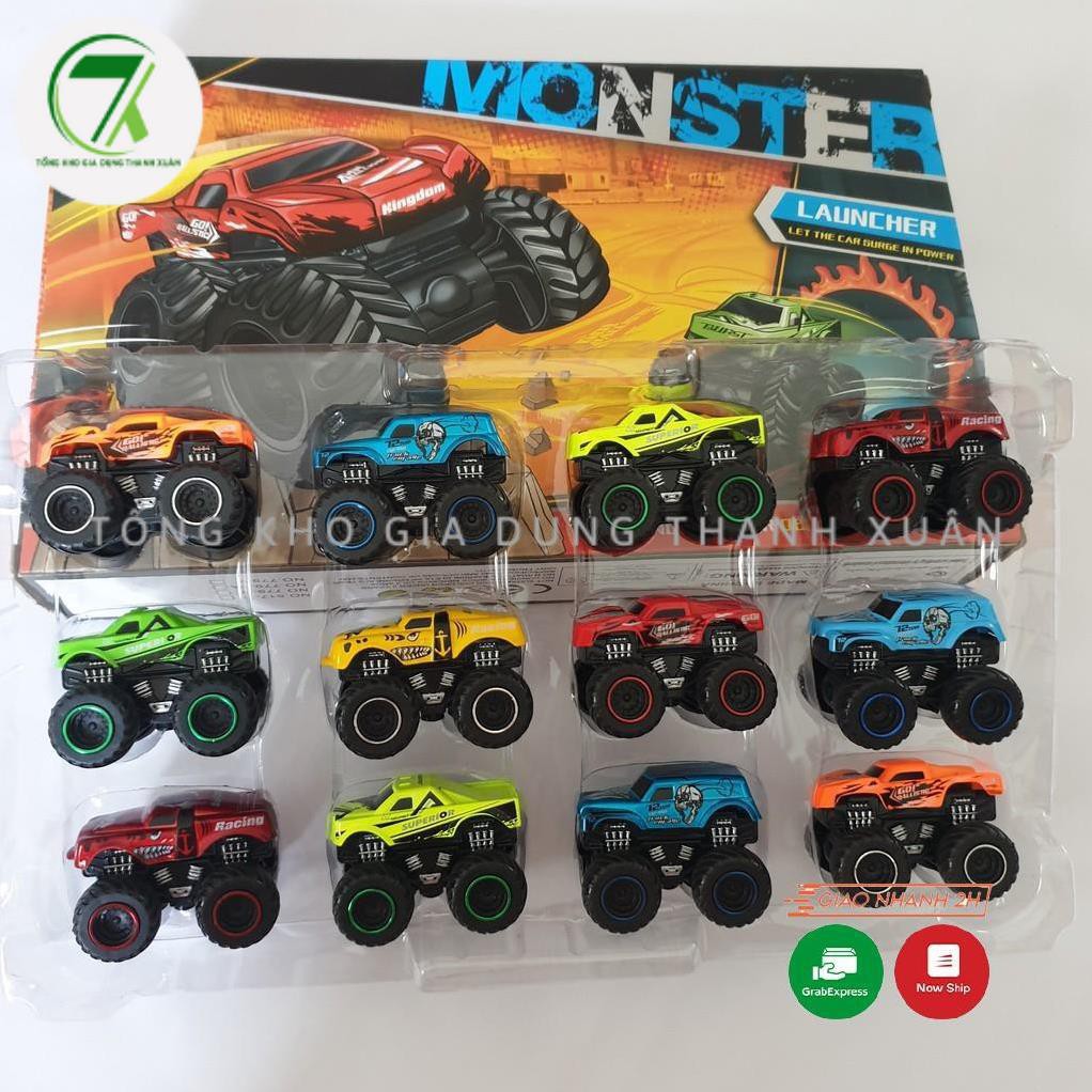 Hộp 12 xe ô tô sắt, xe quái xế monster đồ chơi chạy bánh đà siêu nhanh, siêu bền