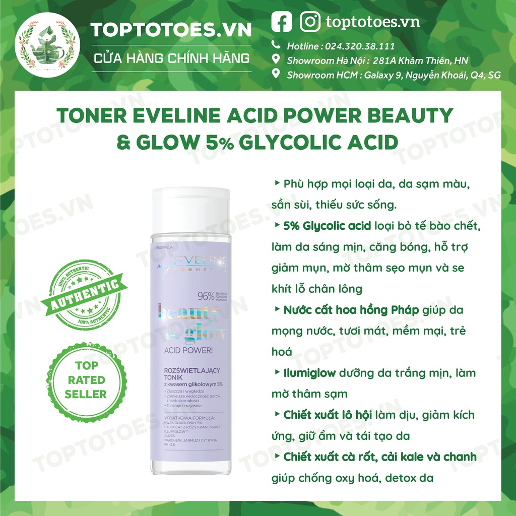 Toner Eveline 5% Glycolic acid làm da căng bóng, sáng mịn, mờ thâm sạm