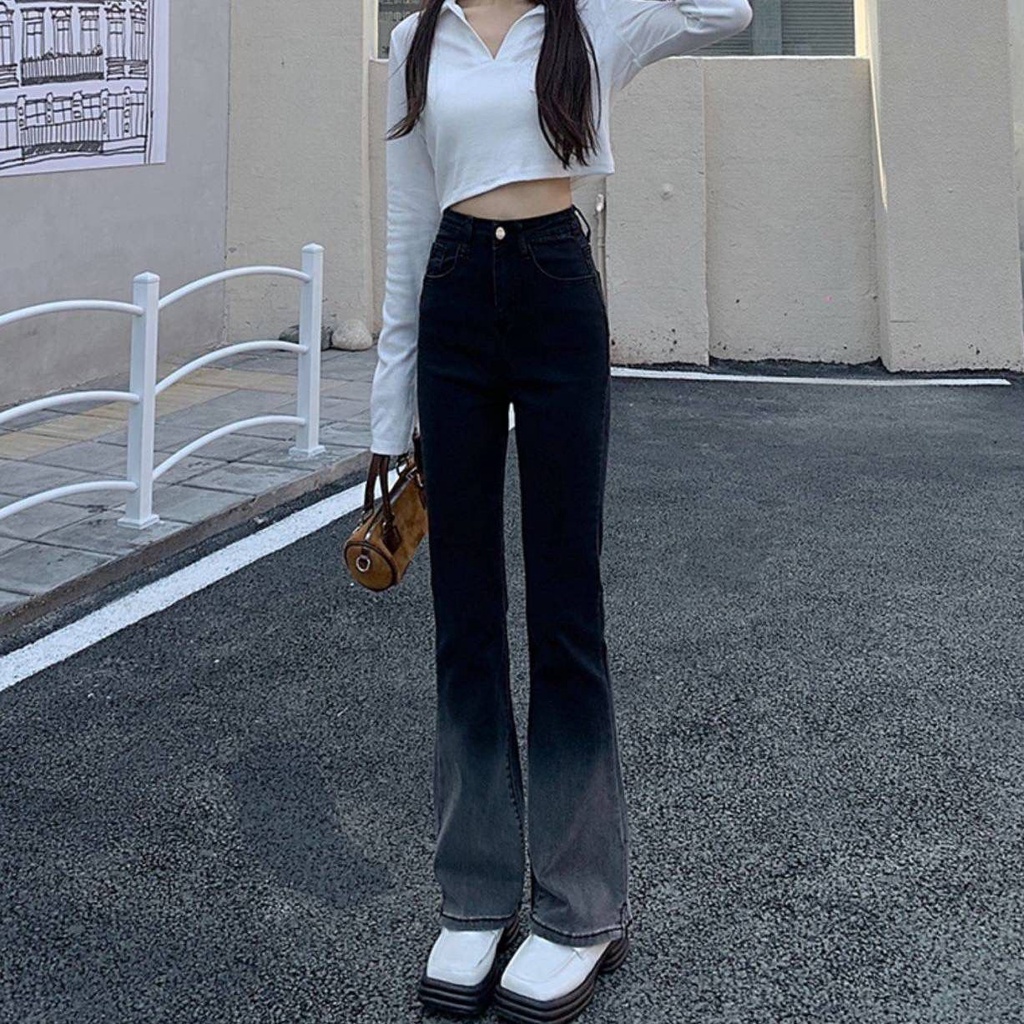 Quần denim Ống Loe Lưng Cao Màu Đen gradient Thời Trang Dành Cho Nữ