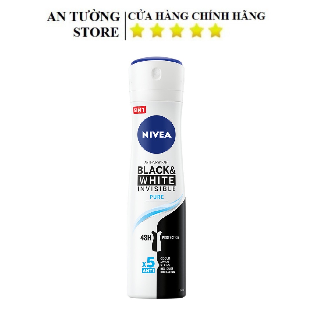 Xịt Ngăn Mùi Nivea Black &amp; White 5in1 Ngăn Vệt Ố Vàng Vượt Trội 150ml/chai - 82230