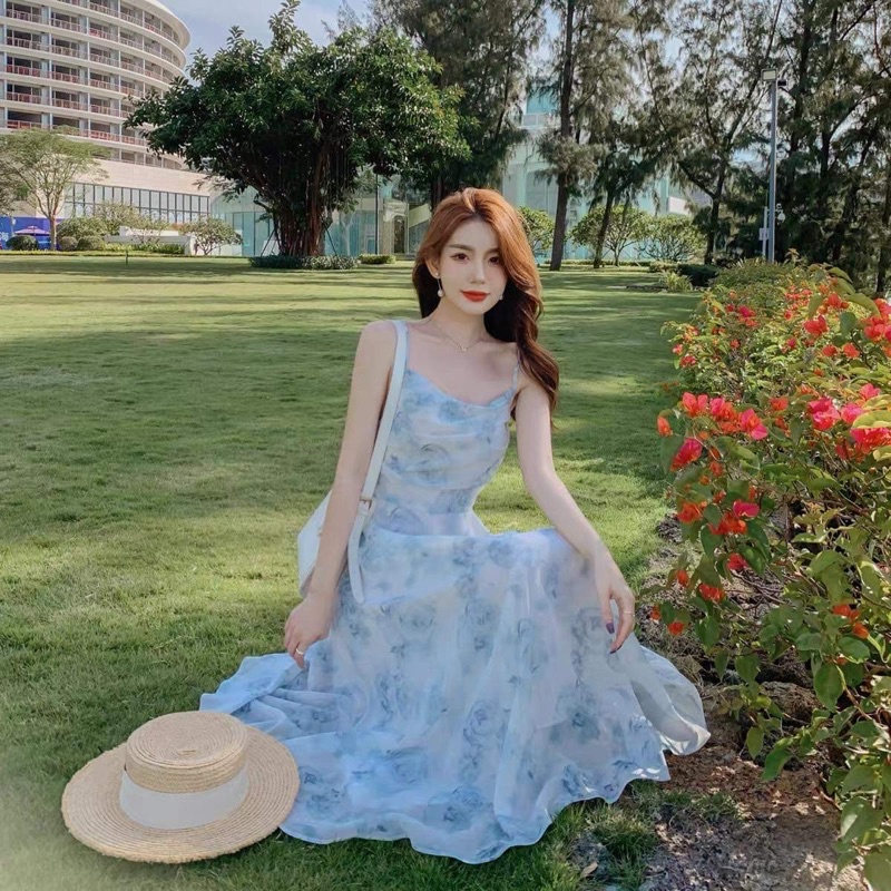 Đầm voan hoa 2 dây mocking lưng phong cách Retro