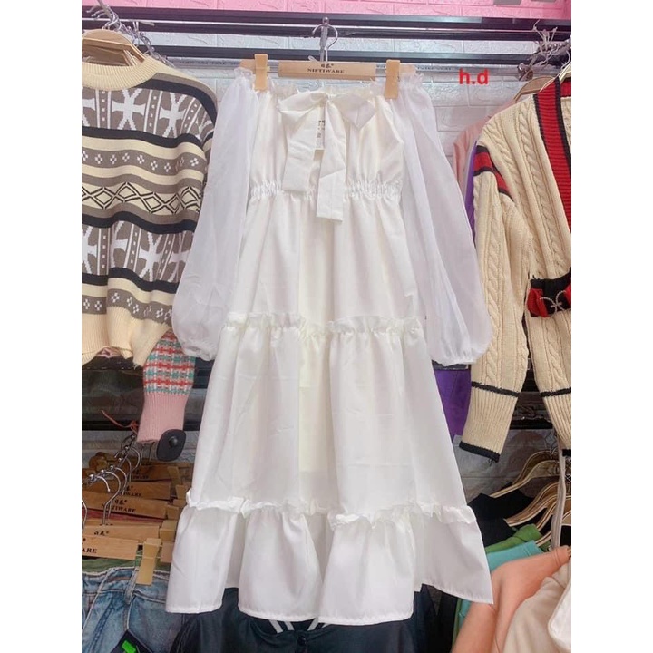 Váy, Đầm trễ vai công chúa đính nơ tay bồng chất voan lụa mặc được 2 kiểu phong cách tiểu thư hàn quốc, TONGKHOQUANAONU