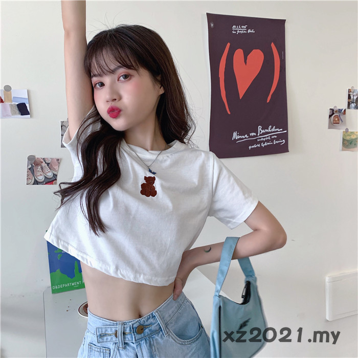 Áo thun tay ngắn thêu hoạt tiết gấu đáng yêu cho nữ