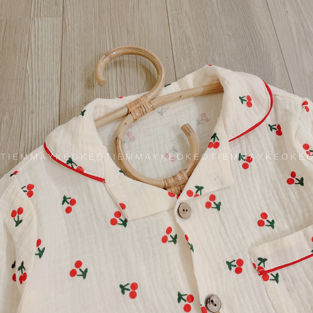Bộ dài tay hoạ tiết cherry Tiemmaykeokeo vải xô mulin mềm mại cao cấp cho bé gái nhiều mẫu vải đẹp hàng may đo kĩ loại 1
