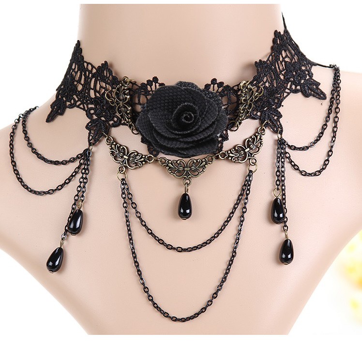 Vòng cổ nữ choker hoa hồng đen cá tính