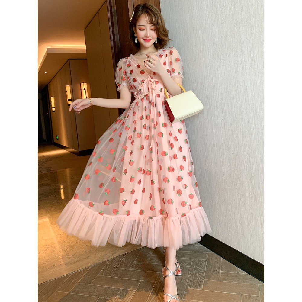 Váy đầm maxi dáng dài xòe họa tiết dâu strawberry bánh bèo vintage teen du lịch đi biển dễ thương xinh xắn