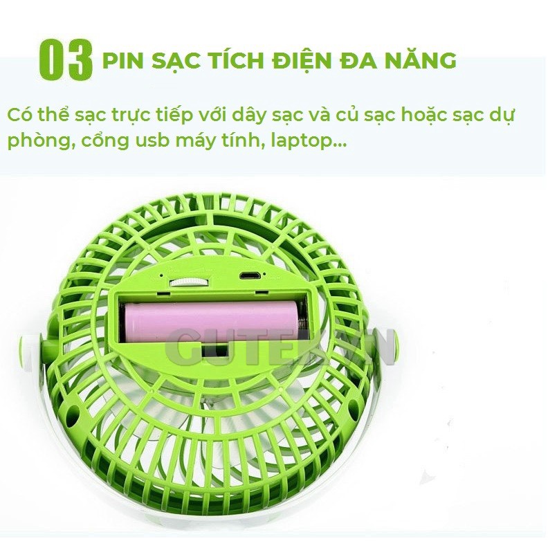 Quạt mini tích điện để bàn kẹp bàn kẹp xe đẩy em bé đa năng 3 tốc độ gió Gutek F186