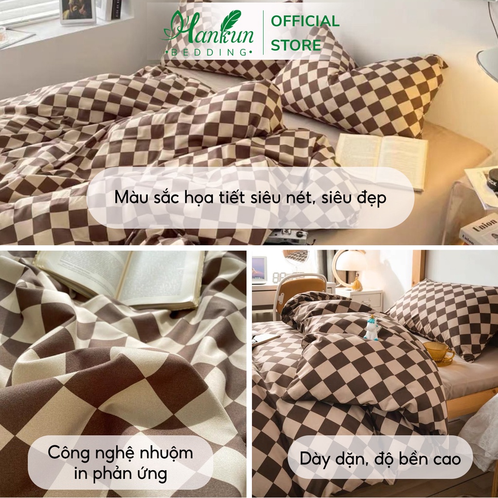 Bộ 4 món chăn ga gối Hankun cotton poly nhập khẩu Hàn quốc họa tiết caro nâu trẻ trung