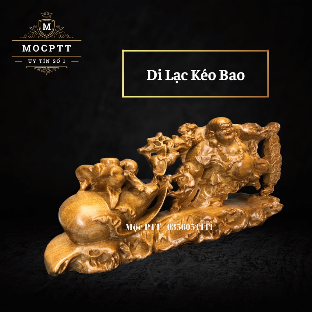 Tượng Di Lạc kéo bao gỗ Hương, Bách Xanh kích thước 20 x 6 x 9 cm TD02