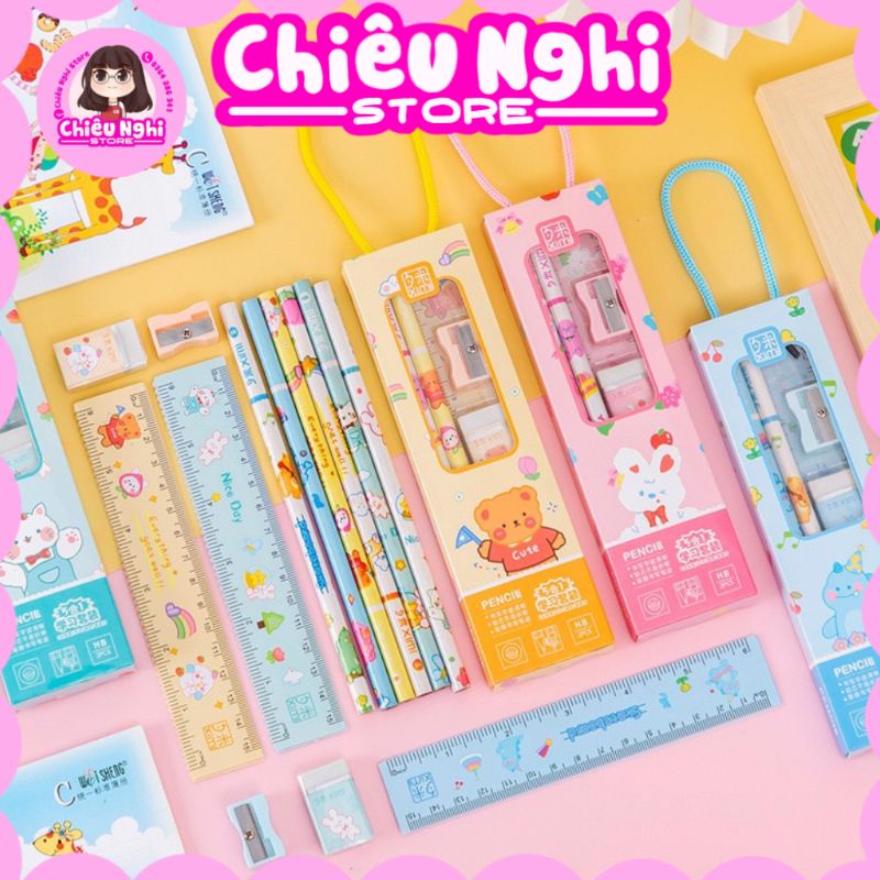 Combo 05 món đồ dùng học tập tiện dụng cho bé với đầy đủ thước, 2 bút, gôm, đồ chuốt