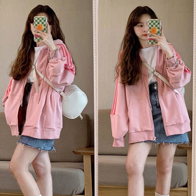 Áo khoác sweater XINLANYASHE lông cừu dày có khóa kéo màu hồng hợp thời trang dành cho nữ sinh