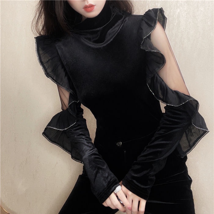Áo kiểu vải nhung dài tay dáng ôm thiết kế khoét rỗng thời trang mùa thu mới quyến rũ cho nữ