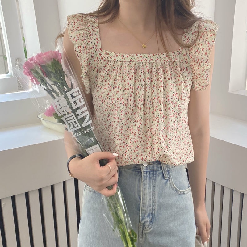 Áo Sơ Mi Nữ Tay Cánh Tiên Họa Tiết Hoa Nhỏ Xinh Xắn