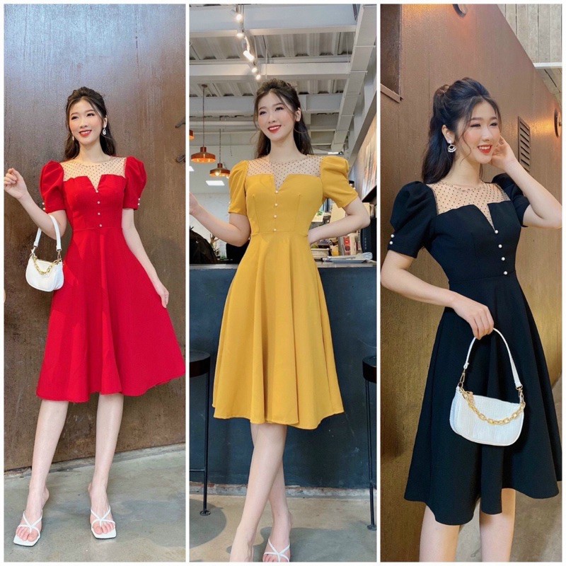 VÁY PHỐI LƯỚI CÚC NGỌC TAY BỒNG | BigBuy360 - bigbuy360.vn