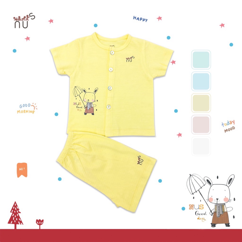 Bộ quần áo cộc tay cho bé cài thẳng họa tiết chuột che dù mềm mịn, dễ thương nhà NUS cho bé dưới 20kg