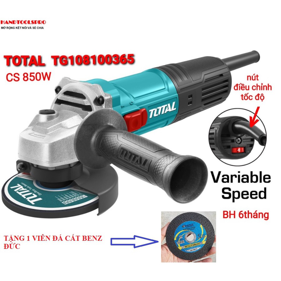 (100mm) Máy mài góc cầm tay chỉnh tốc độ 850W TOTAL TG108100365 ( Tặng 1 Viên Đá Cắt Benz Đức)