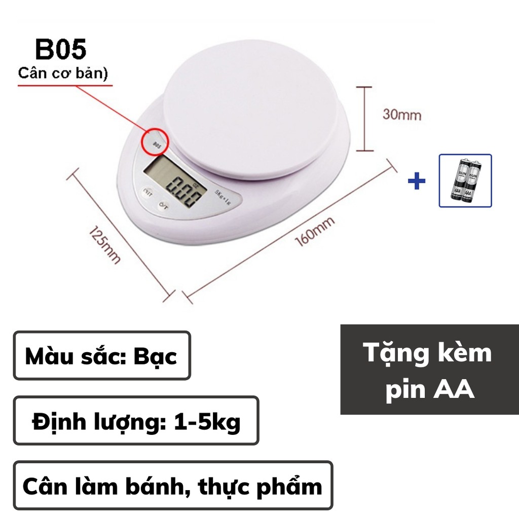 Cân tiểu ly điện tử mini định lượng 1-5kg B05 độ chính xác cao làm bánh Cân tiểu ly 3kg cao cấp kèm 2 viên pin AA