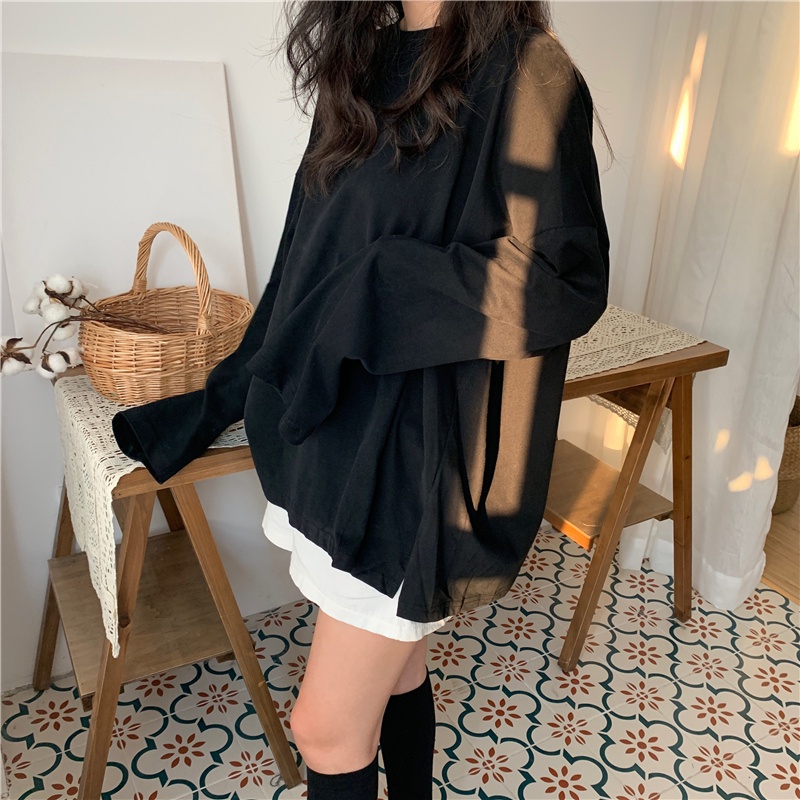 Áo Thun Tay Dài Cổ Tròn Dáng Rộng Xẻ Tà Cá Tính Cho Nữ