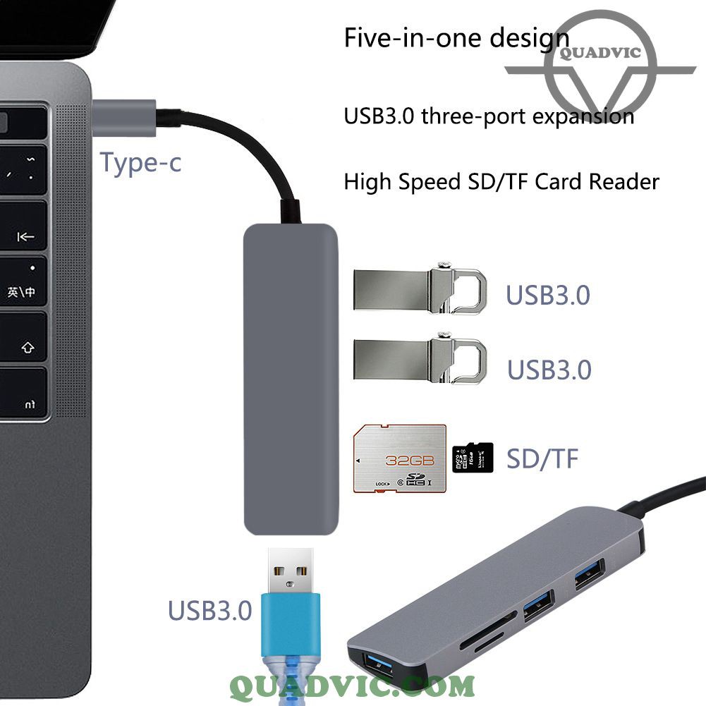 Hub chia USB Type-C 5 Cổng USB 3.0/ SD/ TF MicroSD Macbook Android Window N00377 QuadViC.com