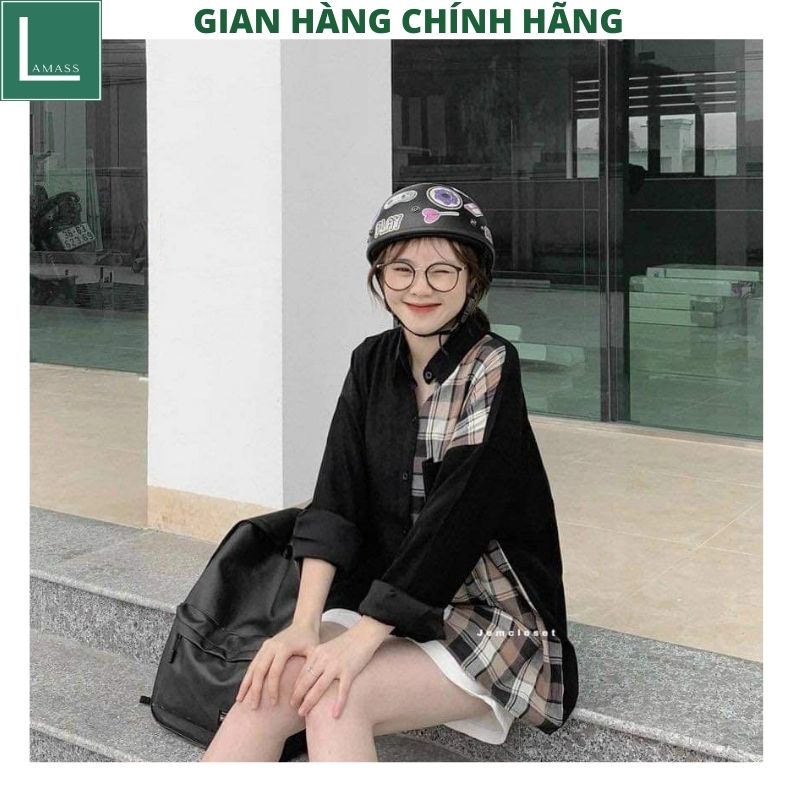 Áo sơ mi nữ phối kẻ caro túi hộp form to rộng unisex ulzzang cực xinh vitage -LAMASS
