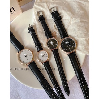 Đồng Hồ Cặp PW Dây Da Đen Không Lịch Mặt Tròn Thời Trang